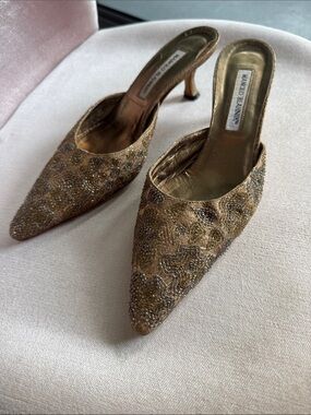 Manolo Blahnik Gold Beaded Pointed-Toe Mules